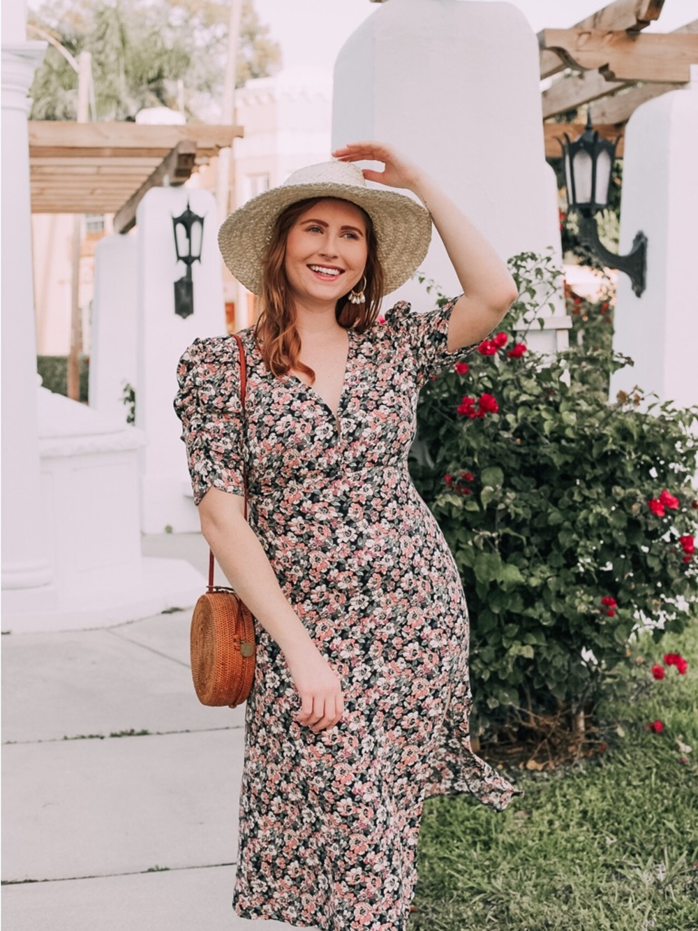 Abercrombie & Fitch Black Floral Midi Dress with Pink and Cream Blooms